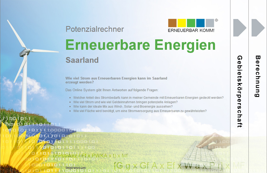 Himmel mit Windrad und im Vordergrund der Schriftzug Potenzialrechner der erneuerbaren Energien